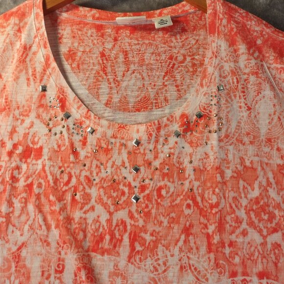 Cato Womens XL Orange White Burnout Ruffle Hem Top Blouse Boho Artsy Summer Vibe - Picture 4 of 11